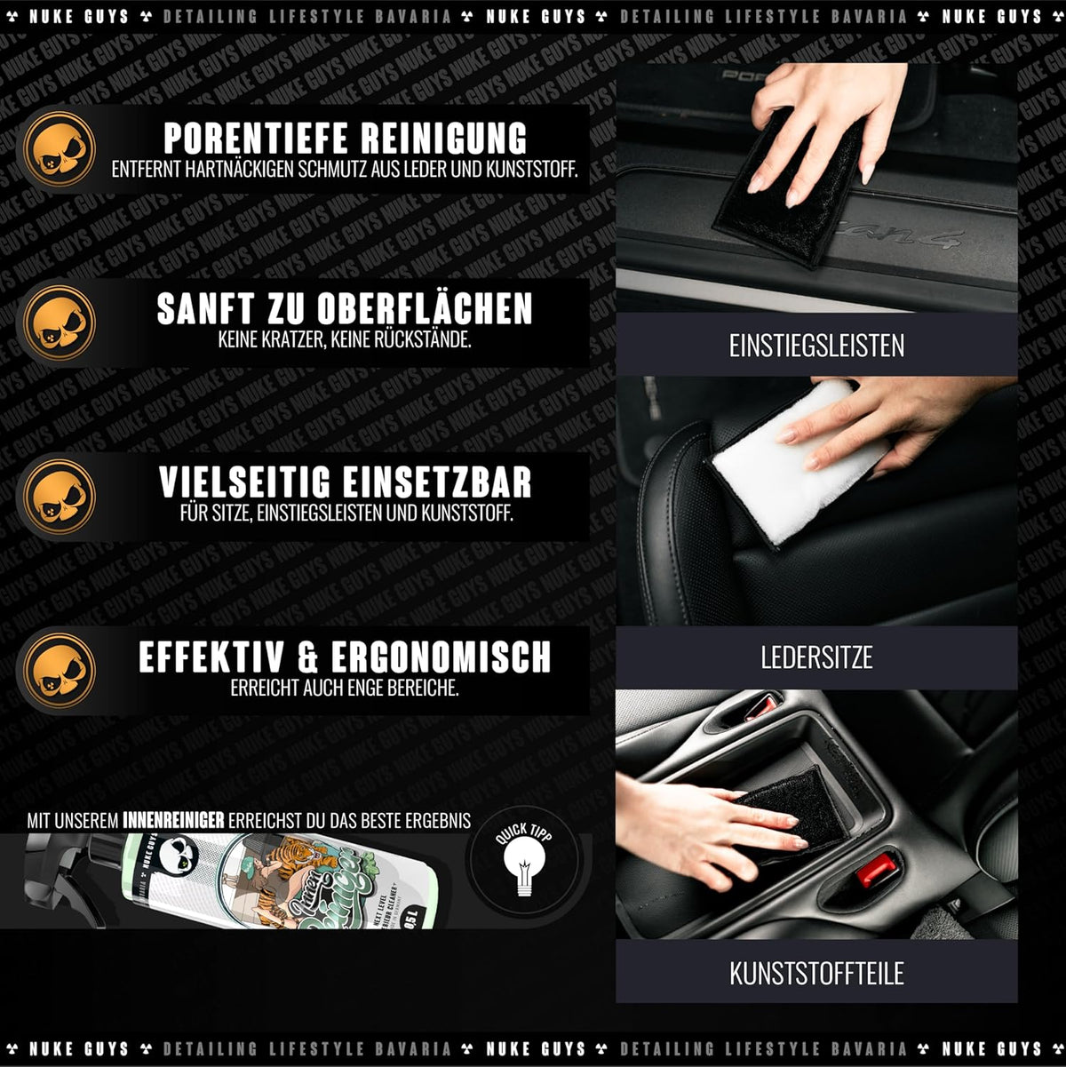 Nuke Guys Auto Reinigungsset Innenraum | Innenraumreiniger 500Ml + Detailing Handschuh + 3X Reinigungspinsel + Scrub Pad | Autopflege Set Innen