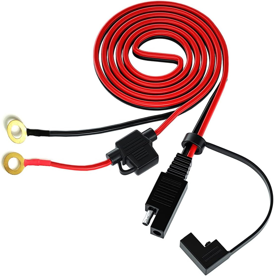 SAE Anschluss Kabel SAE Mit 10A-Sicherung an O-Typ-Kupferklemme Mit Staubkappe Geeignet Für Solarzellenanschluss Und -Transfer, 16AWG, Autobatterietransfer Usw 0.6M/1.97Ft