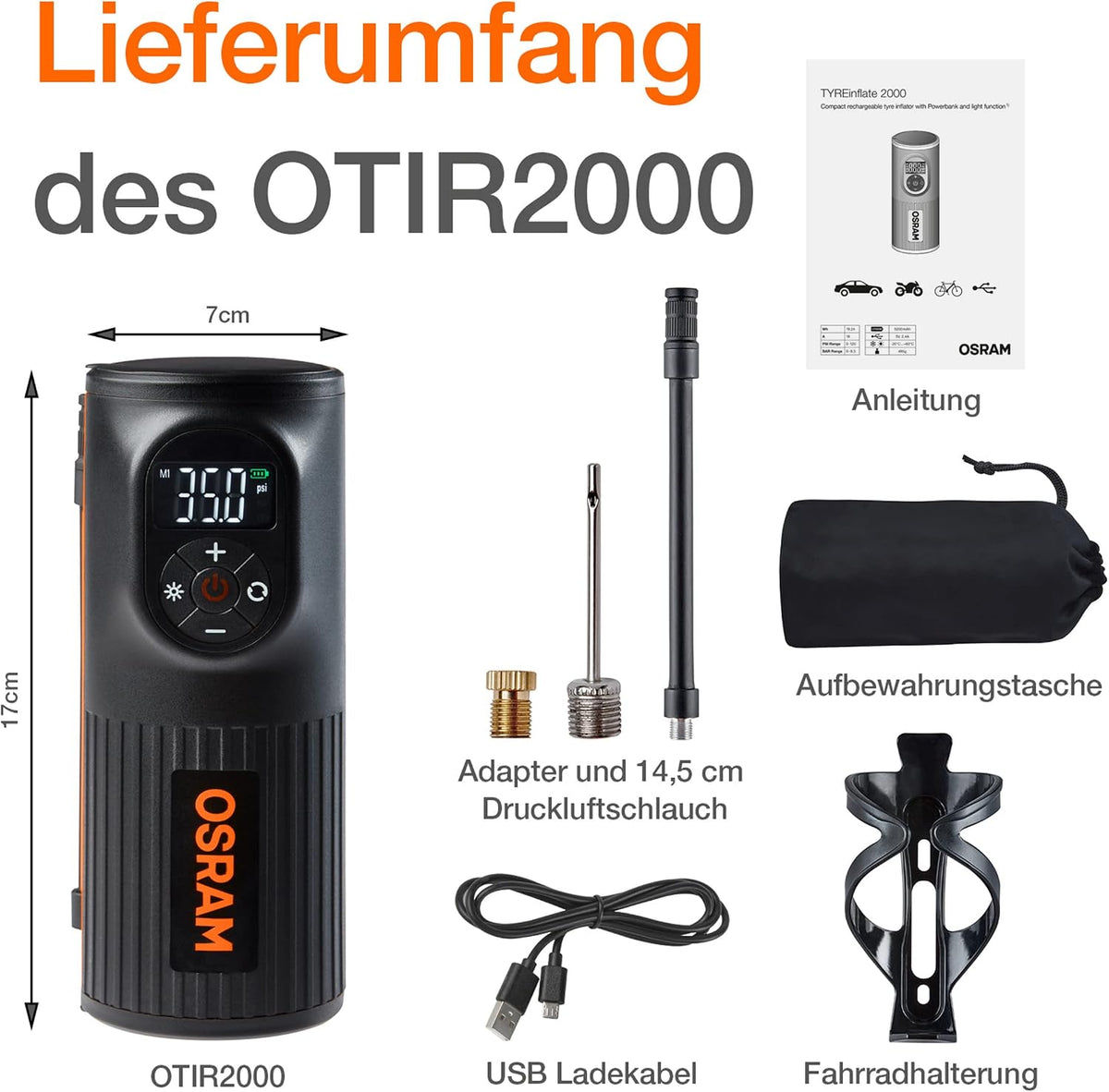 OSRAM Tyreinflate 2000, Kompakte Wiederaufladbare Reifenpumpe Mit LED Licht, Tragbarer Kompressor Für Reifen, Stromanschluss via USB, Reifenbefüllung in 2 Minuten