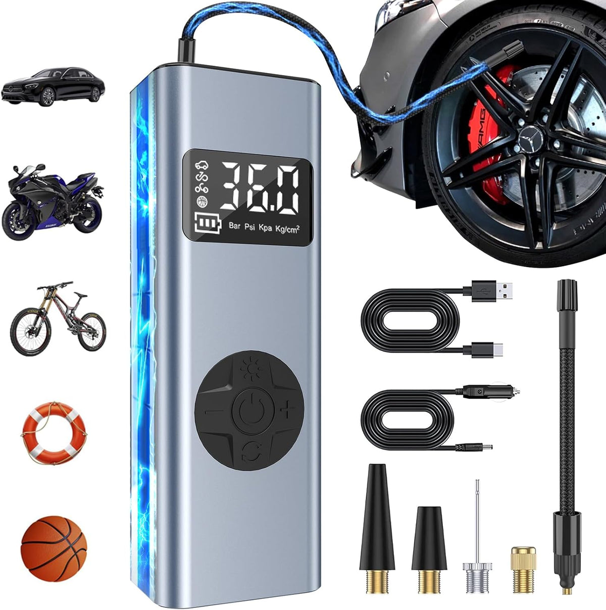 HYCHIKA Elektrische Luftpumpe Auto 12V 6000Mah, 150PSI Mini Akku Pumpe Fahrrad Kompressor Mit Led-Licht Für Auto Fahrrad Motorrad Bälle, Autooff Und Powerbank