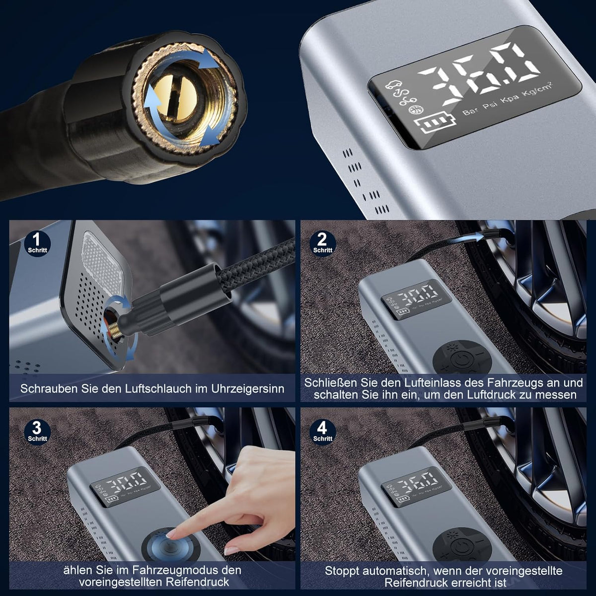 HYCHIKA Elektrische Luftpumpe Auto 12V 6000Mah, 150PSI Mini Akku Pumpe Fahrrad Kompressor Mit Led-Licht Für Auto Fahrrad Motorrad Bälle, Autooff Und Powerbank