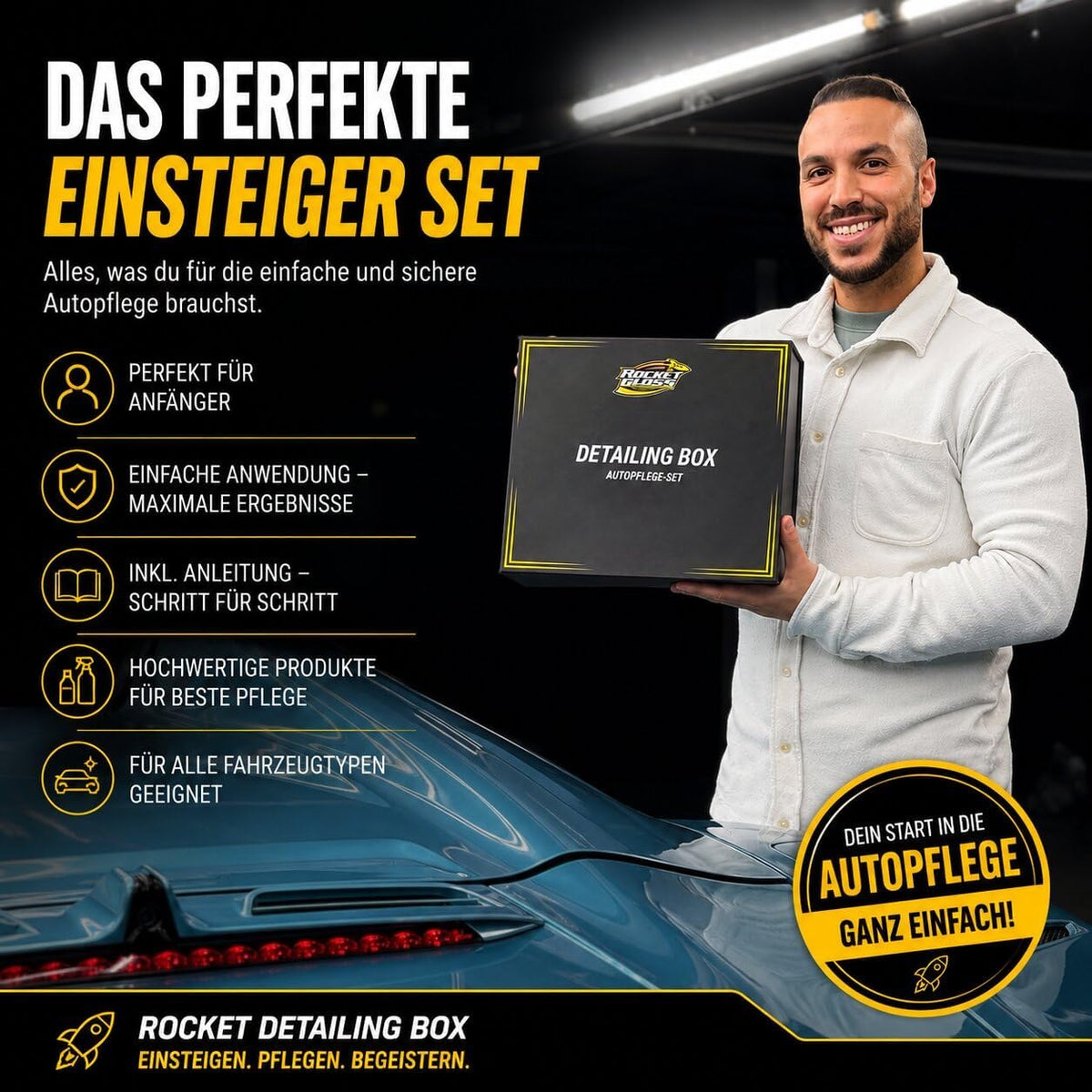 Auto Geschenkset – Rocket Detailing Box 10-Teiliges Autopflege - Autopflege Set Mit Anleitung - Geschenk Für Autofahrer - Premium Magnet-Geschenkbox