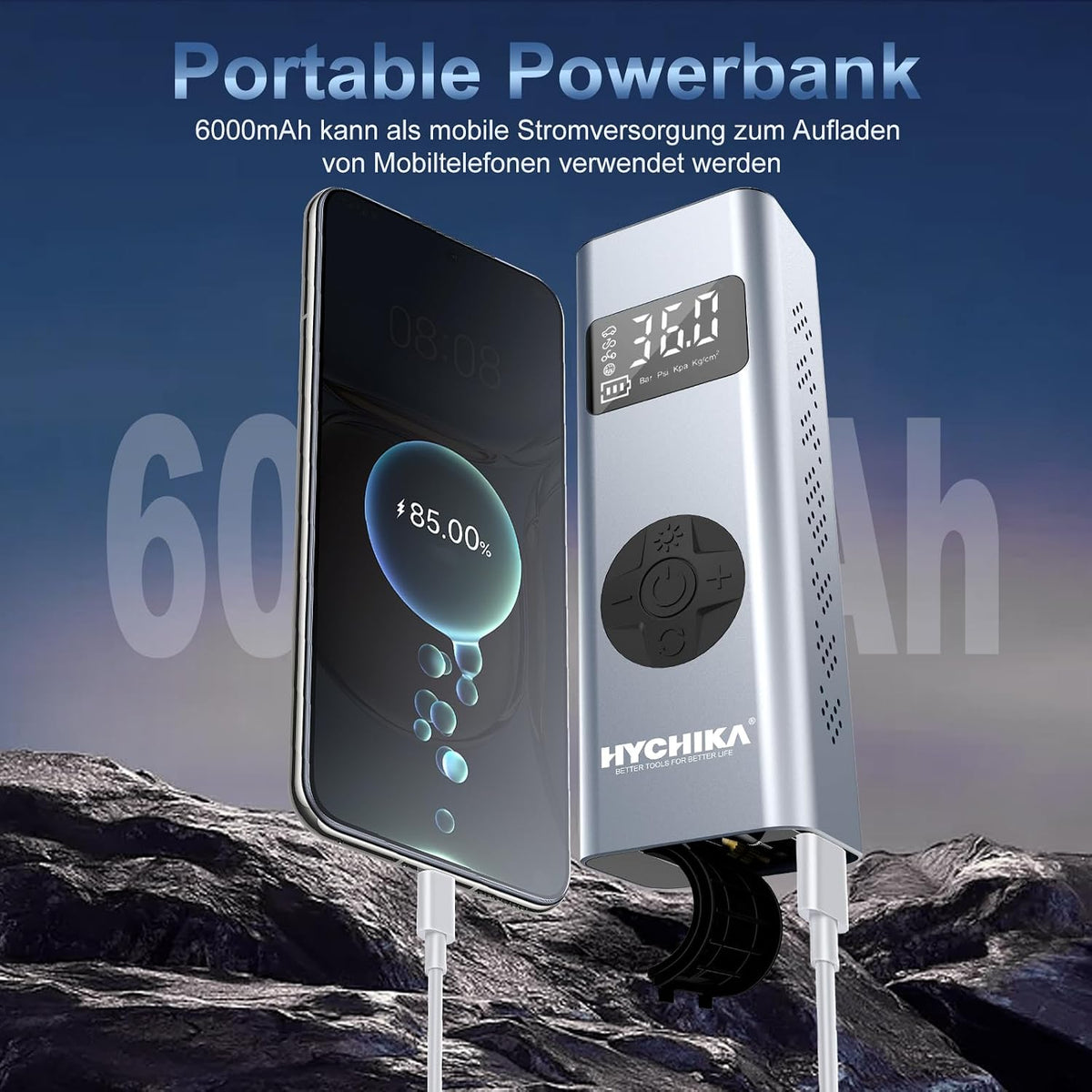 HYCHIKA Elektrische Luftpumpe Auto 12V 6000Mah, 150PSI Mini Akku Pumpe Fahrrad Kompressor Mit Led-Licht Für Auto Fahrrad Motorrad Bälle, Autooff Und Powerbank