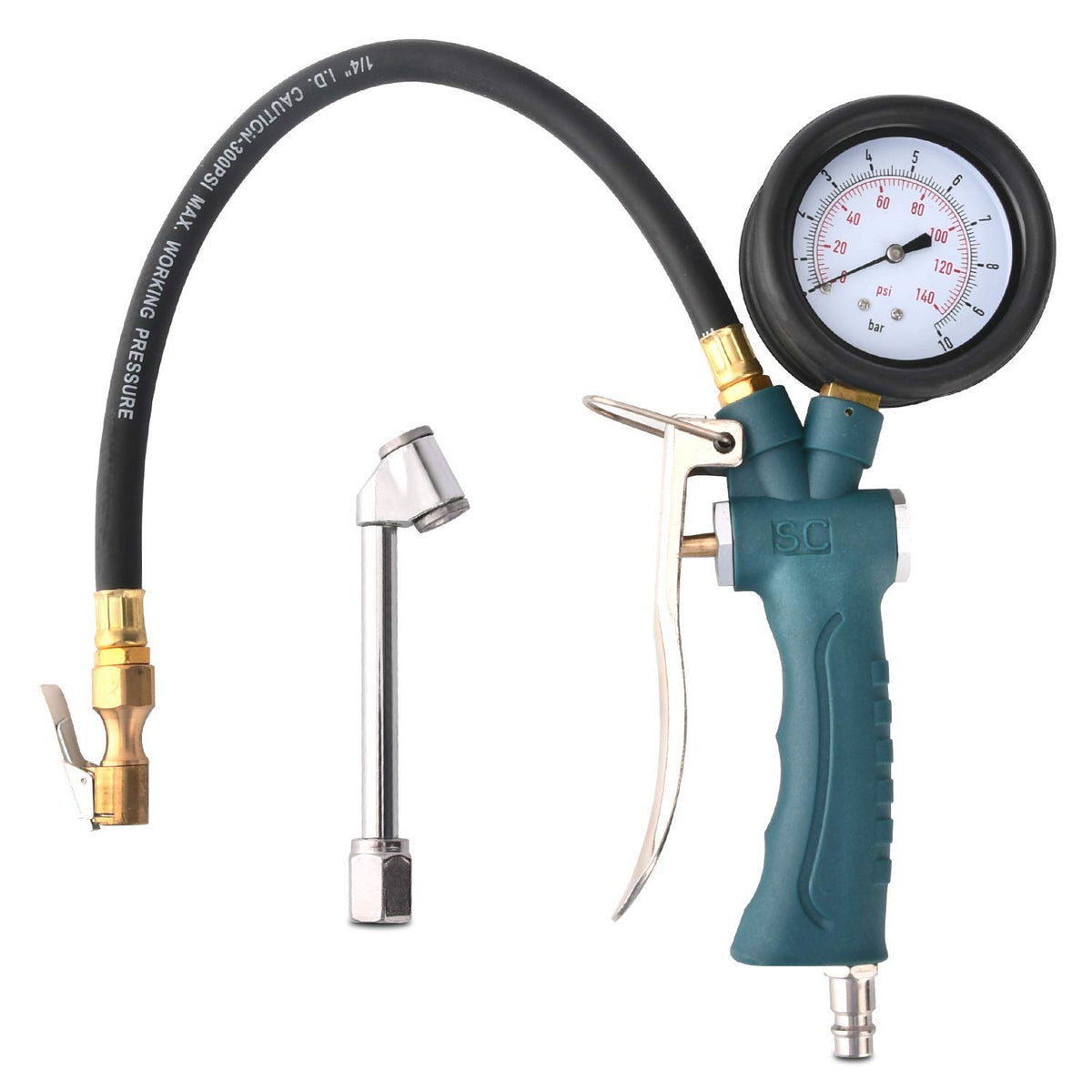 Profi Reifenfüller Druckluft Luftdruckprüfer Reifendruckmesser, Mit 360°Drehbarem Manometer, Für Auto Motorrad Fahrrad PKW LKW (10Bar)