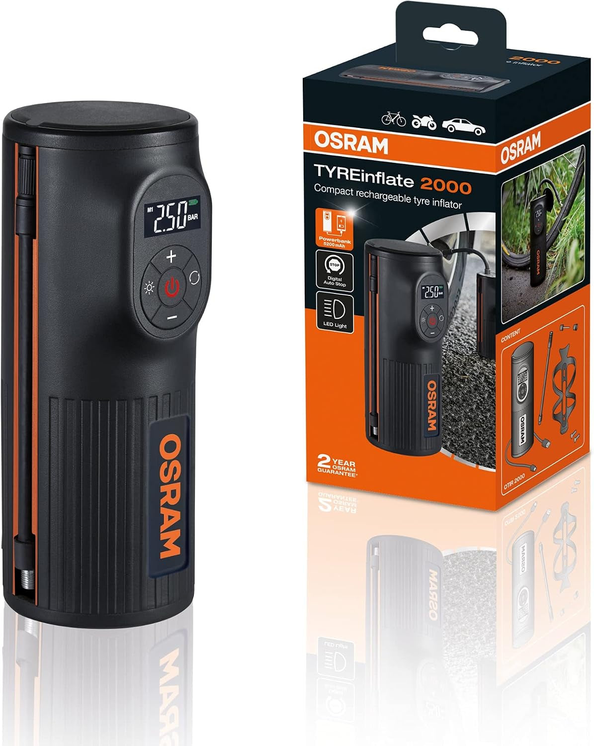 OSRAM Tyreinflate 2000, Kompakte Wiederaufladbare Reifenpumpe Mit LED Licht, Tragbarer Kompressor Für Reifen, Stromanschluss via USB, Reifenbefüllung in 2 Minuten