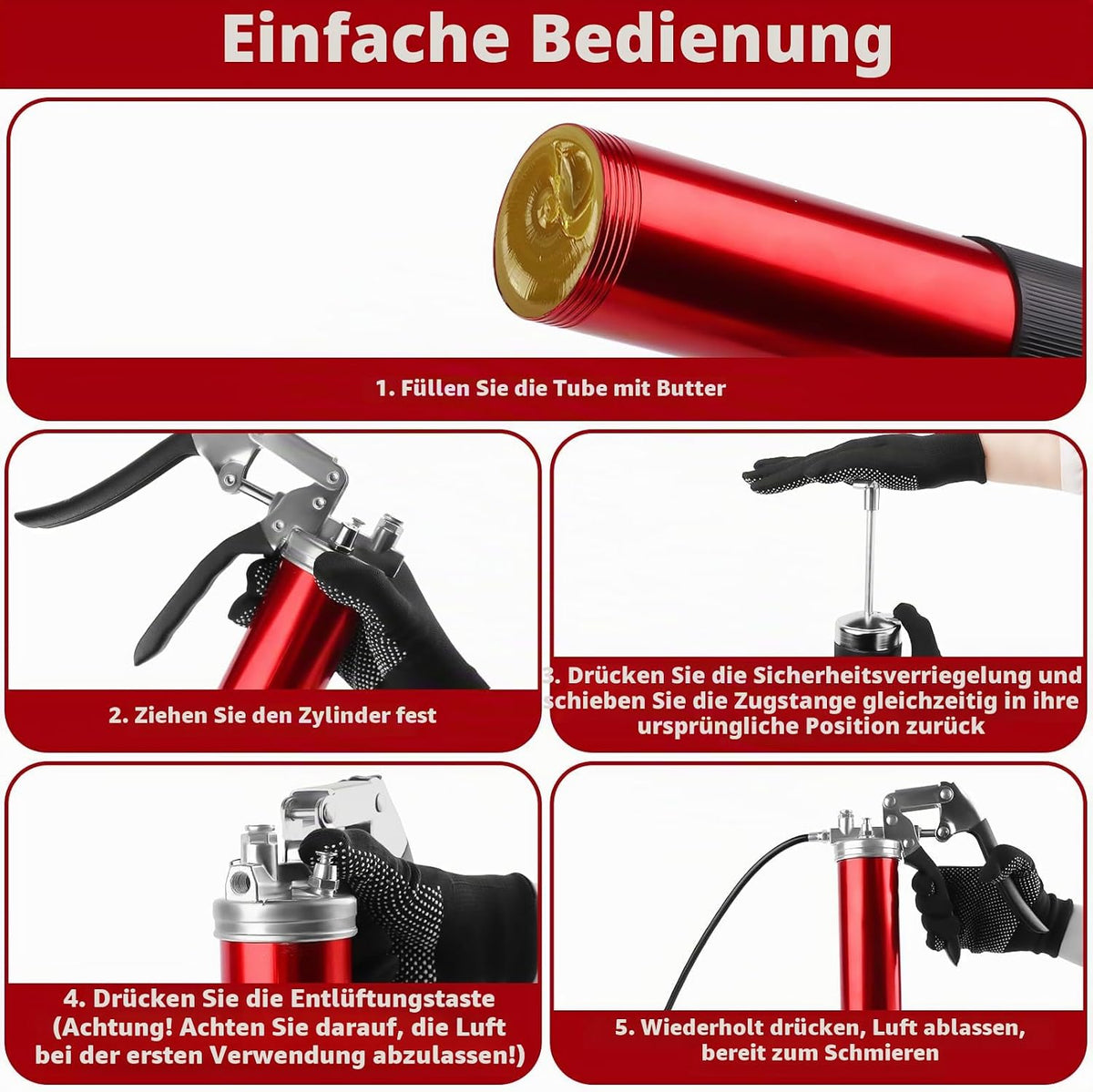 Fettpresse Set 8000 PSI Fettpresse Für Schmiernippel Mit Flexschlauch Und Fettpresse Mundstück, Einhand Fettpresse Für 400G Kartuschen Schmierpressen Manuelle Fettpresse Mit Pistolengriff- Rot