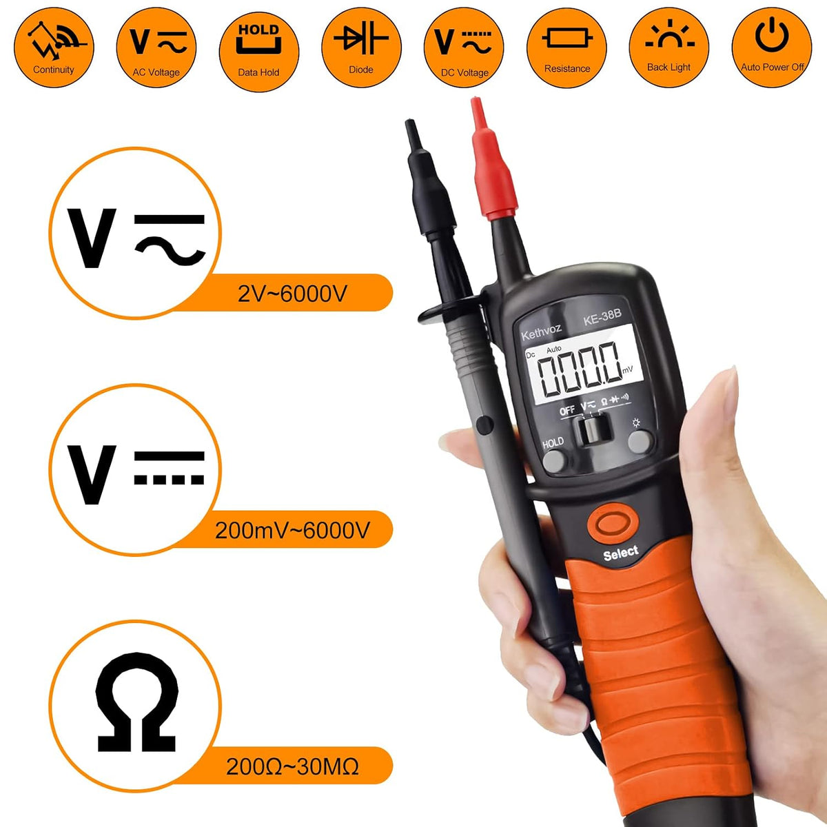 Spannungsprüfer Zweipolig, Kethvoz Voltmeter 600V Multimeter Digital 38B