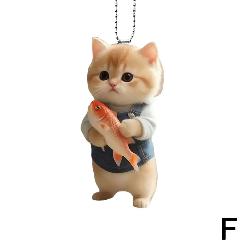 2D Car Pendant Hanging Ornament with Chain Realistic Animal Cat-Shaped Rearview Mirror Hanging Ornament Car Interior Decor Craf