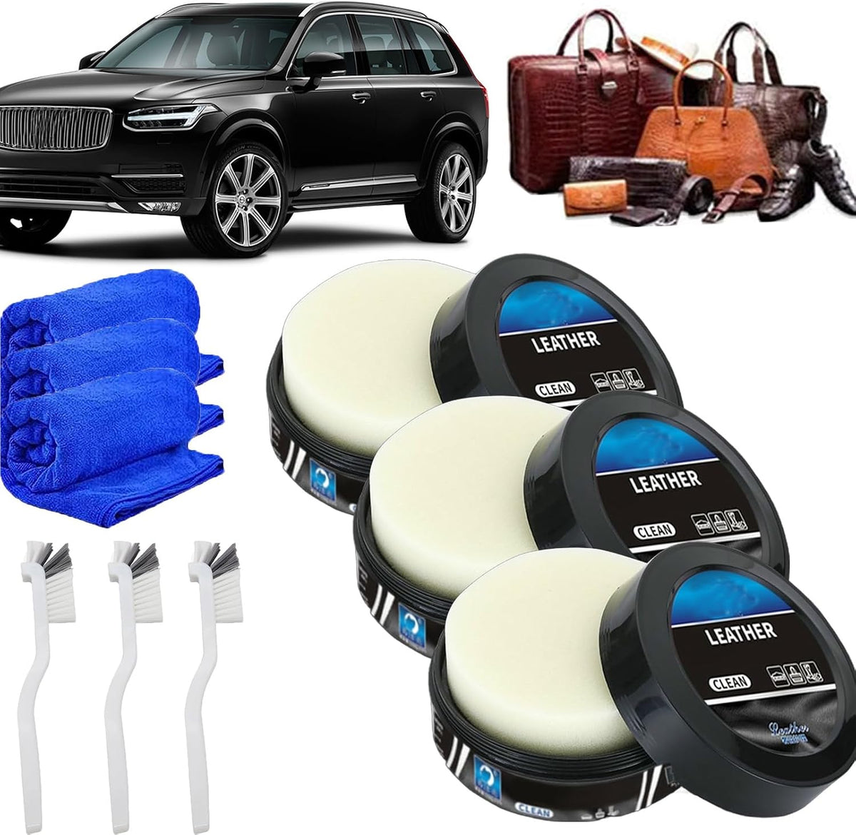 Multipurpose Leader Cleaning and Care Cream & Cleaning Paste for Leather Care,Car Leather Care Cleaning Cream,Leather Repair Kit Car Interior, for Cars, Furniture,Leather Goods (3 Pcs)