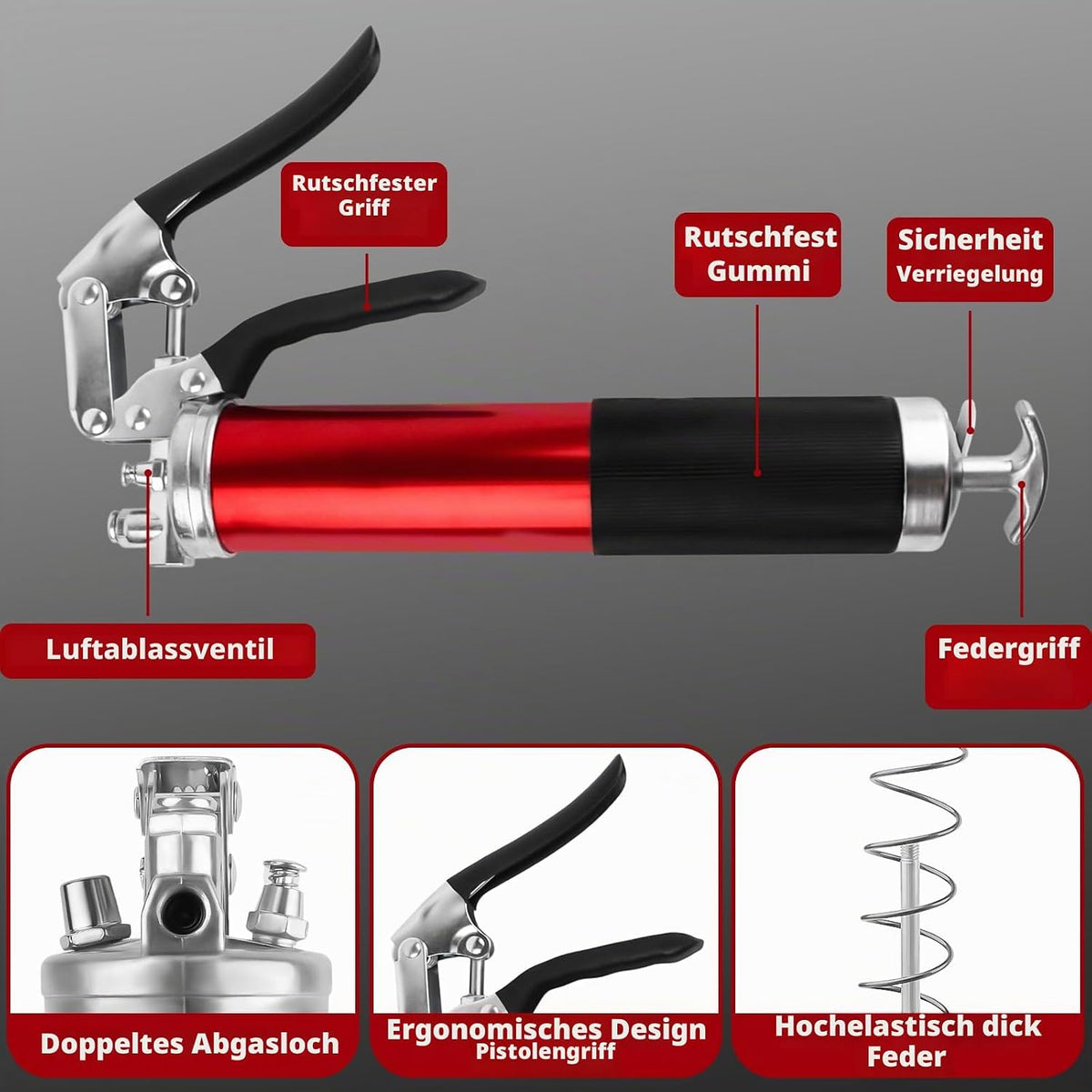 Fettpresse Set 8000 PSI Fettpresse Für Schmiernippel Mit Flexschlauch Und Fettpresse Mundstück, Einhand Fettpresse Für 400G Kartuschen Schmierpressen Manuelle Fettpresse Mit Pistolengriff- Rot