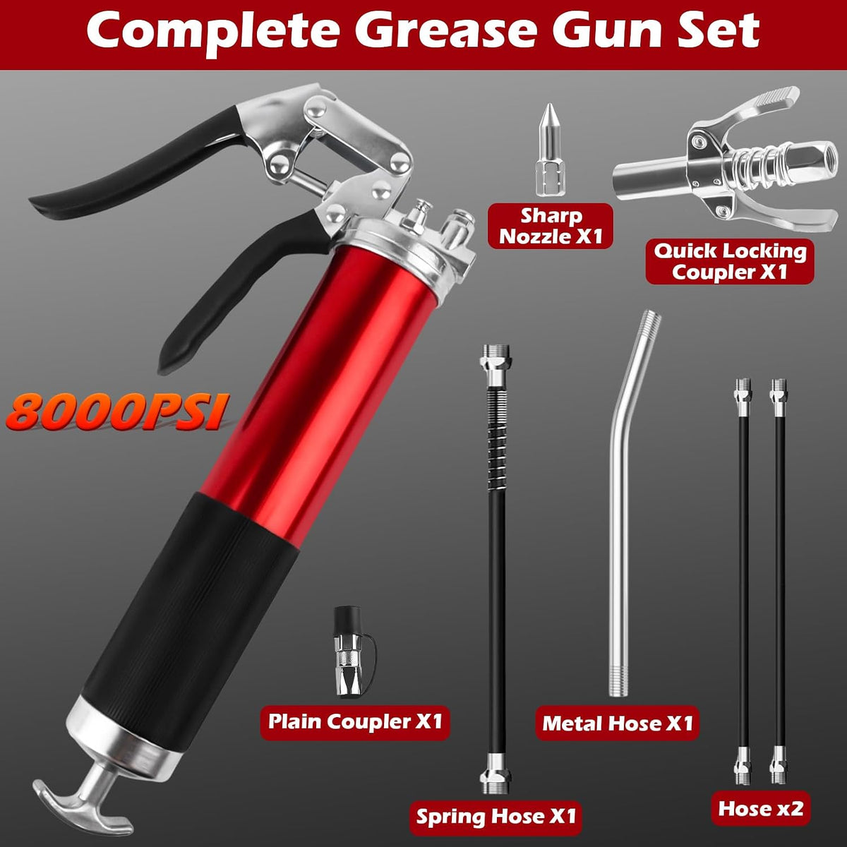 Fettpresse Set 8000 PSI Fettpresse Für Schmiernippel Mit Flexschlauch Und Fettpresse Mundstück, Einhand Fettpresse Für 400G Kartuschen Schmierpressen Manuelle Fettpresse Mit Pistolengriff- Rot