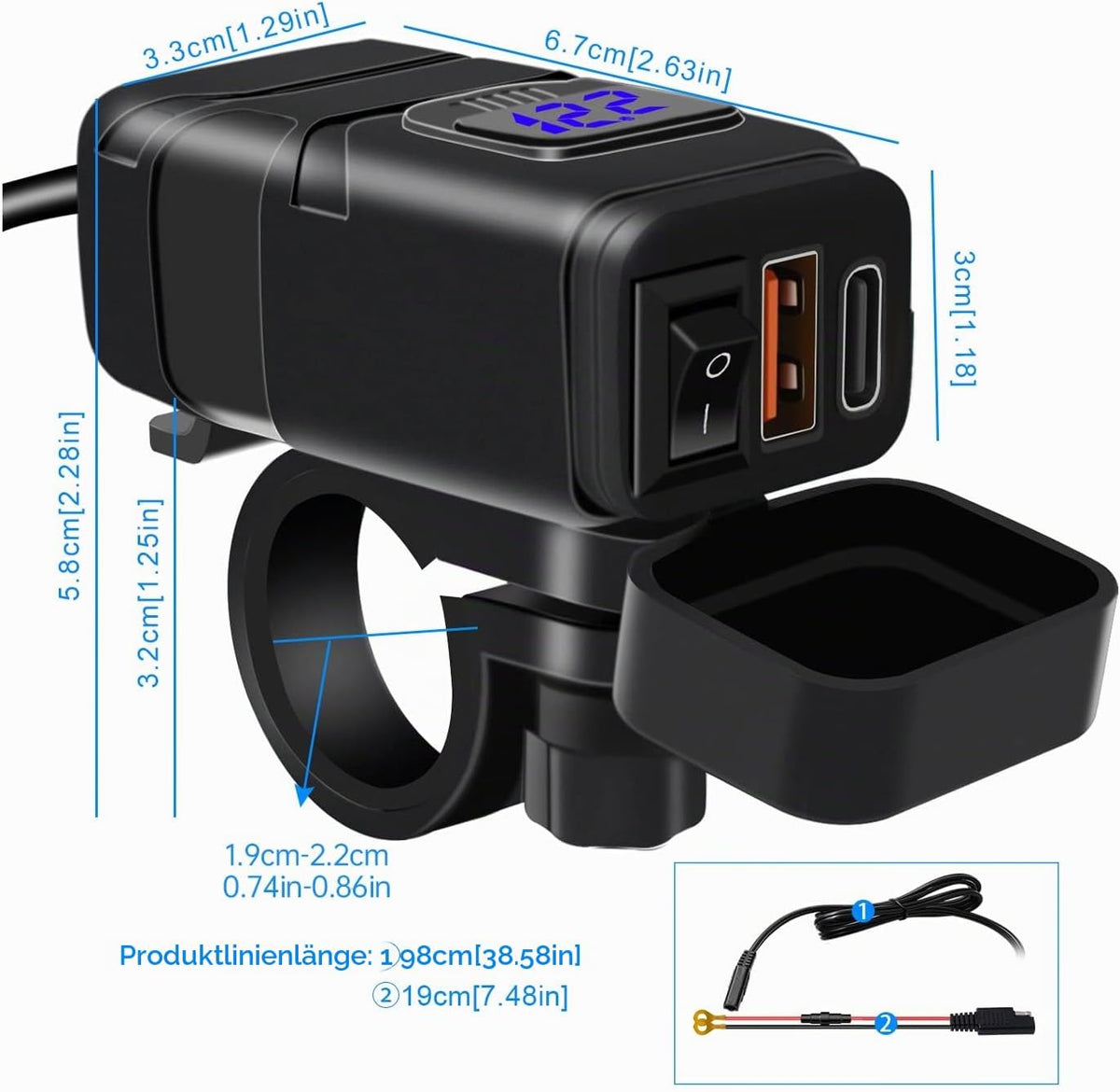 12V USB Steckdose Auto Ladegerät Mit Schalter, Auto USB Ladegerät KFZ QC3.0 PD Type C Mit Switch, KFZ Ladegerätusb C Wasserdicht Für Wohnmobil Motorrad Boot Yacht (Blau)
