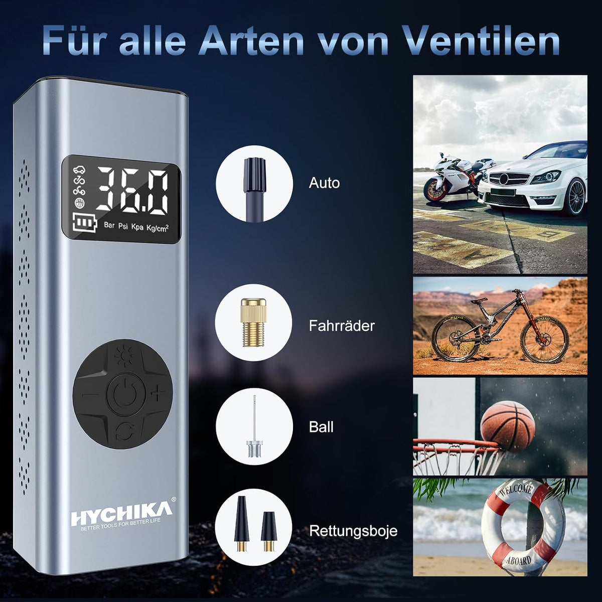 HYCHIKA Elektrische Luftpumpe Auto 12V 6000Mah, 150PSI Mini Akku Pumpe Fahrrad Kompressor Mit Led-Licht Für Auto Fahrrad Motorrad Bälle, Autooff Und Powerbank