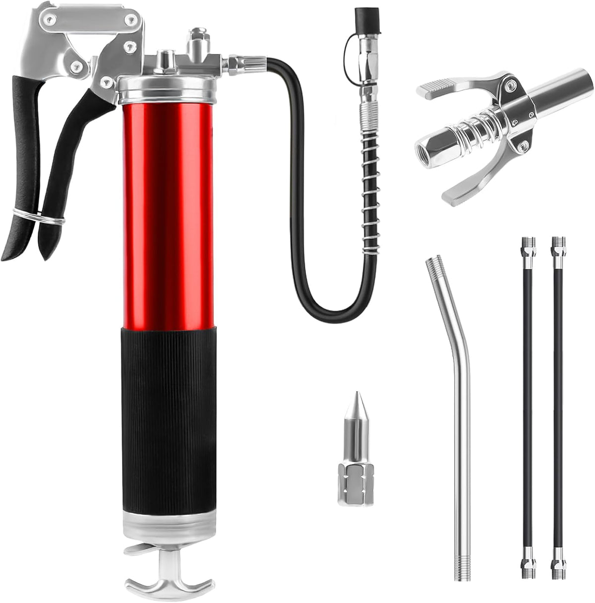 Fettpresse Set 8000 PSI Fettpresse Für Schmiernippel Mit Flexschlauch Und Fettpresse Mundstück, Einhand Fettpresse Für 400G Kartuschen Schmierpressen Manuelle Fettpresse Mit Pistolengriff- Rot
