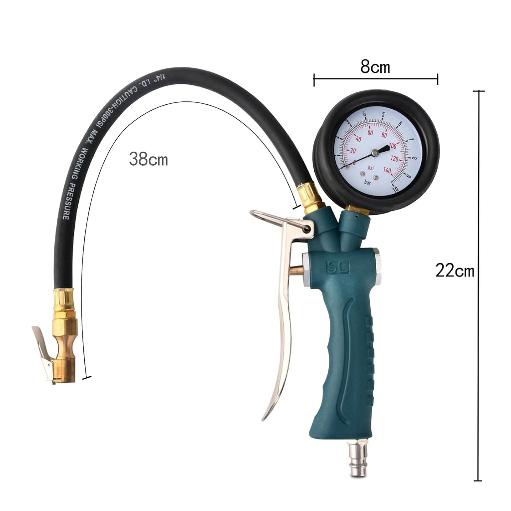 Profi Reifenfüller Druckluft Luftdruckprüfer Reifendruckmesser, Mit 360°Drehbarem Manometer, Für Auto Motorrad Fahrrad PKW LKW (10Bar)