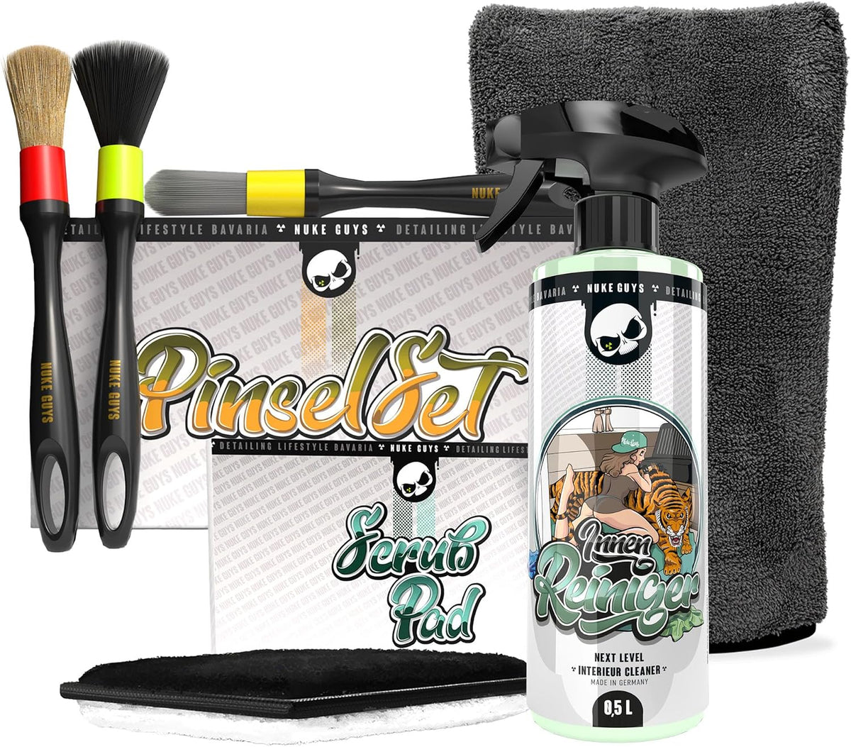 Nuke Guys Auto Reinigungsset Innenraum | Innenraumreiniger 500Ml + Detailing Handschuh + 3X Reinigungspinsel + Scrub Pad | Autopflege Set Innen