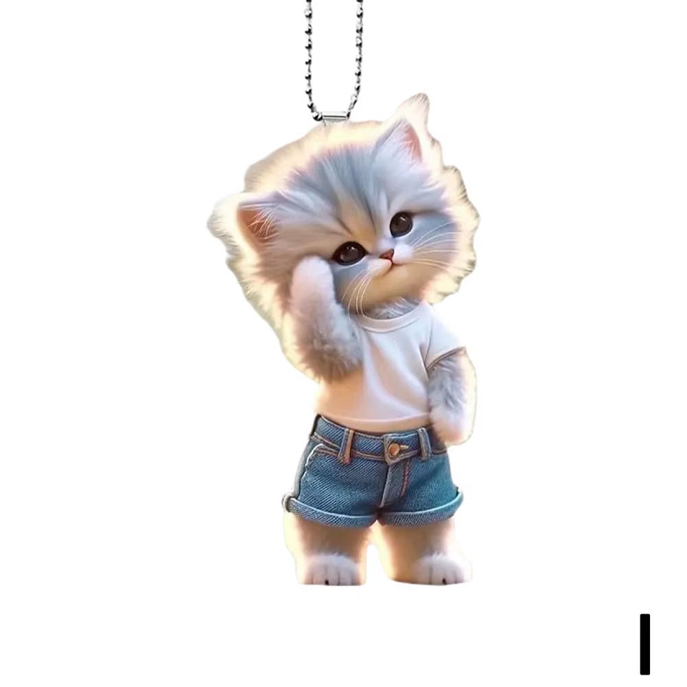 2D Car Pendant Hanging Ornament with Chain Realistic Animal Cat-Shaped Rearview Mirror Hanging Ornament Car Interior Decor Craf