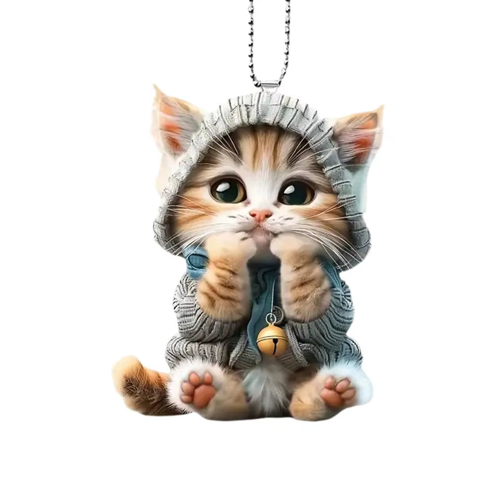 2D Car Pendant Hanging Ornament with Chain Realistic Animal Cat-Shaped Rearview Mirror Hanging Ornament Car Interior Decor Craf