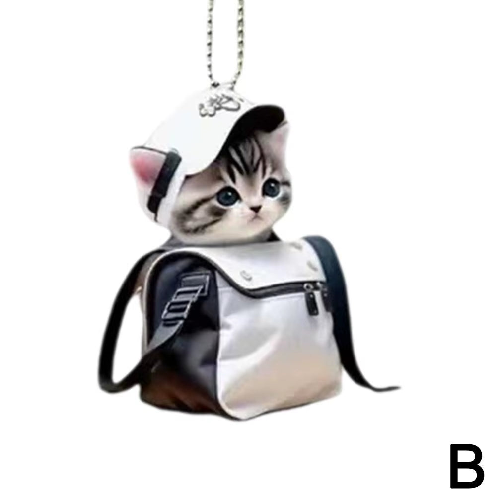 2D Car Pendant Hanging Ornament with Chain Realistic Animal Cat-Shaped Rearview Mirror Hanging Ornament Car Interior Decor Craf