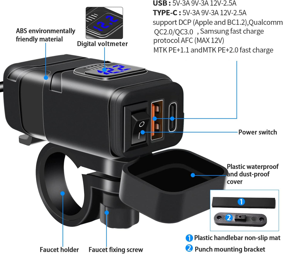 12V USB Steckdose Auto Ladegerät Mit Schalter, Auto USB Ladegerät KFZ QC3.0 PD Type C Mit Switch, KFZ Ladegerätusb C Wasserdicht Für Wohnmobil Motorrad Boot Yacht (Blau)