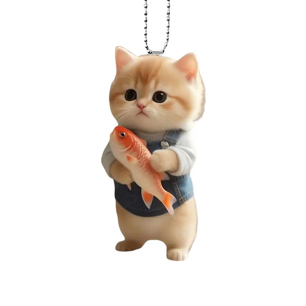 2D Car Pendant Hanging Ornament with Chain Realistic Animal Cat-Shaped Rearview Mirror Hanging Ornament Car Interior Decor Craf